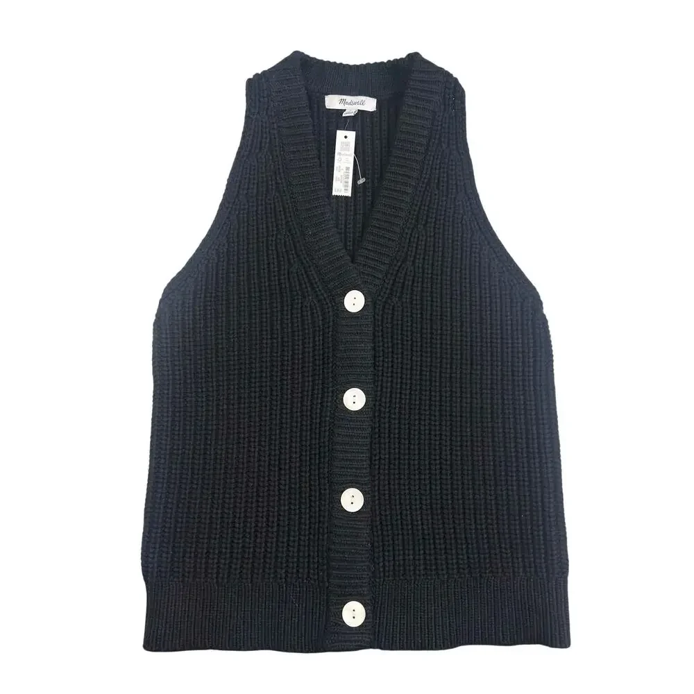 Madewell | Women | Black Heavy Ribbed Knit B-Neck Cutaway Sweater Vest | Small